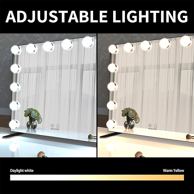 BEAUTME Vanity Mirror with Lights, Lighted Makeup Mirror with 14 Dimmer Bulbs, 2 Color Lighting Mode, Touch Control, Tabletop or Wall Mounted for Bedroom,Dressing Room,Black 23.6" X 20"