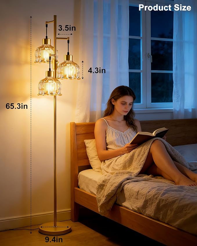 Gold Floor Lamps for Living Room, 3-Light Dimmable Floor Lamp with Brown Glass Shade& E12 Bulbs Included, 65'' Mid Century Tall Standing Lamp for Bedroom/Sofa Beside/Corner Decor