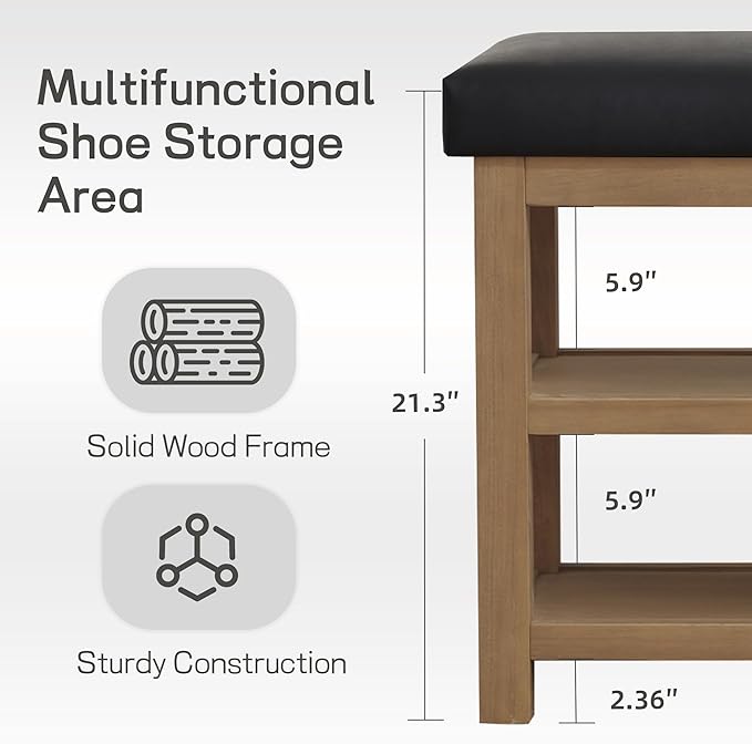 Shoe Rack Bench with Leather Cushion, 2 Tier Solid Wood Storage Bench, Mid-Century Modern Shoe Bench for Entryway, Hallway, Closet, Front Door Entrance, Foyer (Black, 31.5)