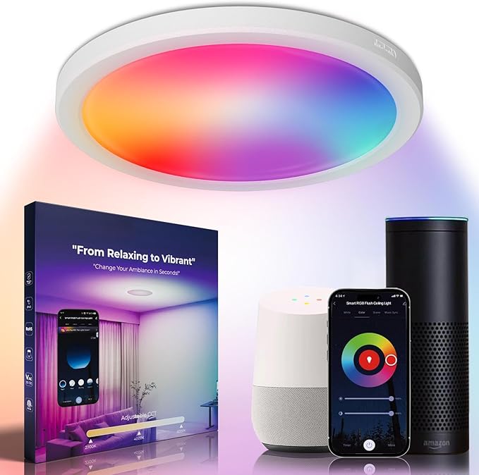12 Inch Smart Ceiling Light, 2400LM RGBCW Flush Mount Ceiling Light Work with App & Voice Control, 2700K-6500K Dimmable LED Ceiling Light Fixture for Living Room Bedroom Gaming Room