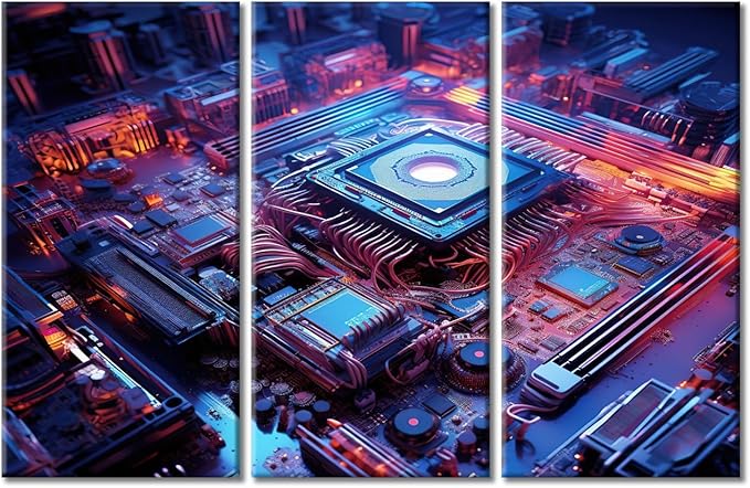 Wall Art for Living Room Modern CPU Card with Circuit and Colorful Lights Wall Paintings Chip Pictures Posters & Prints 3 Panels Modern Artwork Ready to Hang for Bedroom Office 60"Wx40"H