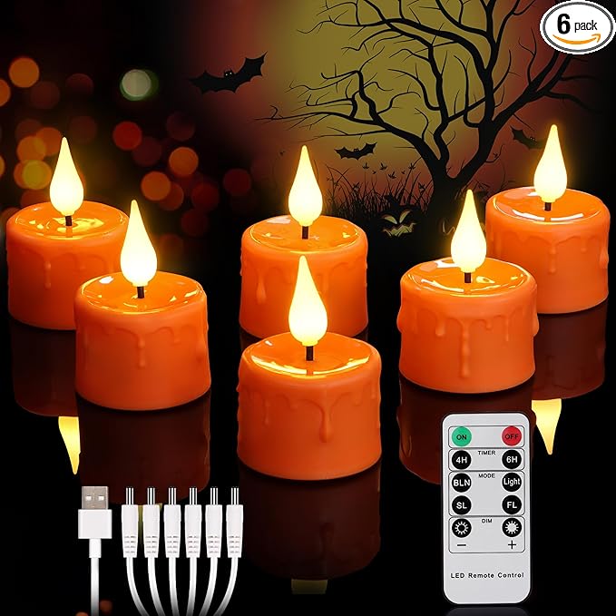 6 pcs Halloween Orange LED Tea Light Candles Rechargeable Flickering Flameless Pumpkins Lantern Tealights with Remote for Fall Thanksgiving Christmas Decor (Orange)