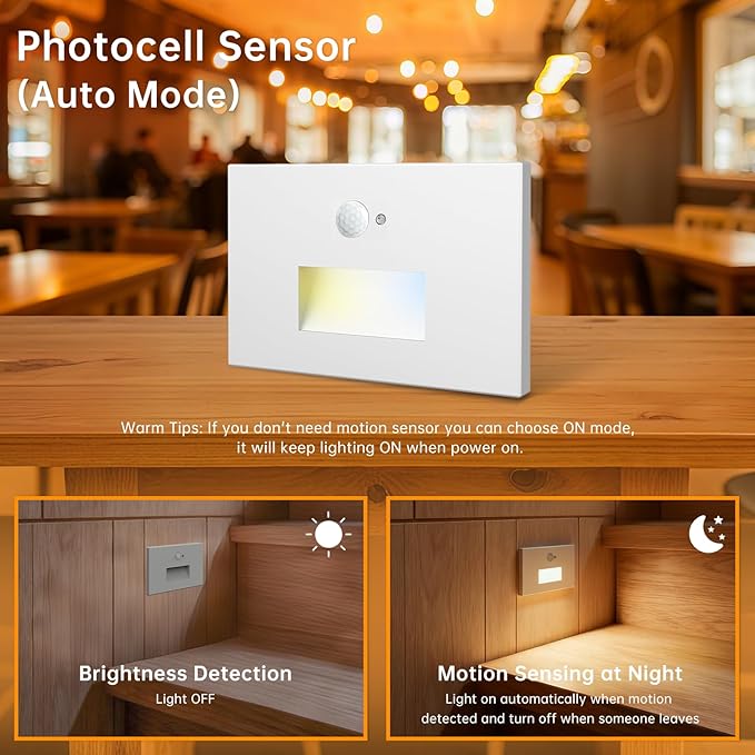 LED Step Lights Indoor Motion Sensor, 4W 300LM 0%-100% Stepless Dimmable 120V Hardwired Stair Lights Outdoor, IP65 Waterproof, 5CCT Staircase Lighting, 2700K/3000K/4000K/5000K/6500K, ETL, 12 Pack