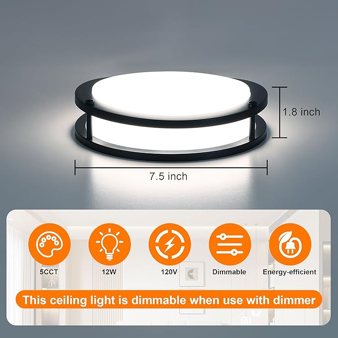 4 Pack 7.5 Inch Round Black Ceiling Light Fixture for Hallway Bedroom - 7.5” Black LED Flush Mount Ceiling Lamp Set of Four 2700K/3000K/3500K/4000K/5000K LED Kitchen Bathroom Light 12W