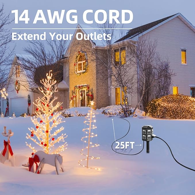 TiFFCOFiO Outdoor Power Strip with 25FT Extension Cord, Remote Control Dusk to Dawn Light Timer Waterproof, 6 Grounded Outlets for Christmas Yard Inflatables and Decorations, ETL Listed