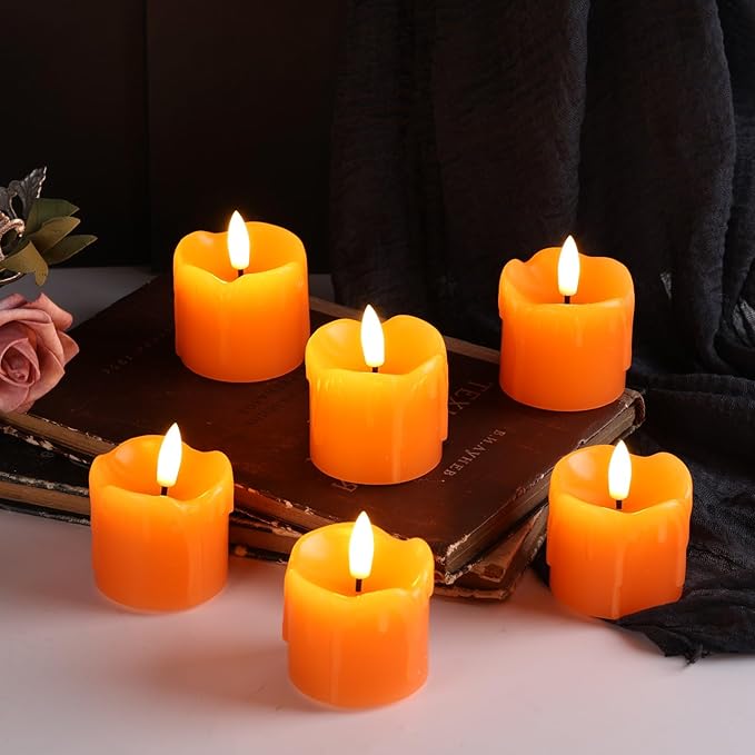 Eywamage Orange Dripping Wax Flameless Votive Candles with Remote Batteries, 2x2 inch Small LED Pillar Candles Set of 6