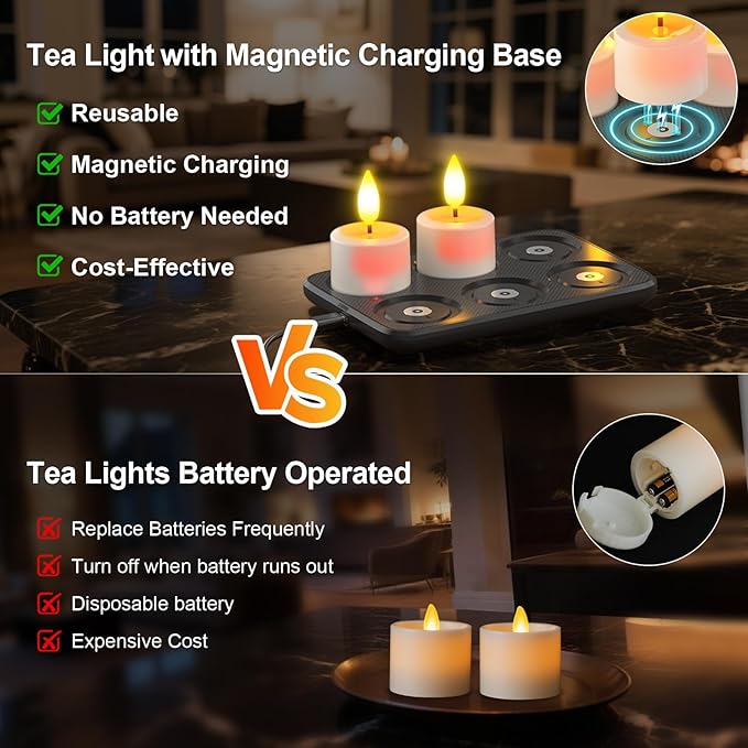 PChero Rechargeable Waterproof Tea Lights with Remote & Magnetic Charging Base, Battery Operated Flameless Candles with Timer, 6 Pack LED Votive Candles Flickering, 100+H Lasting, 1.5" D x 2.16" H