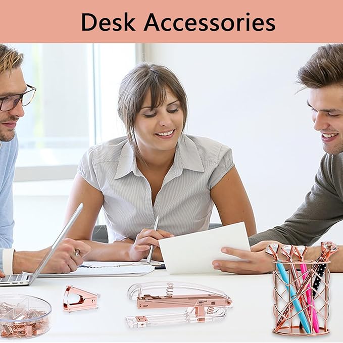suniya Office Supplies,Desk Accessories,with Stapler,Tape Dispenser,Pen Holder Cup for Desk,Staple Remover,Scissor,Ballpoint Pen,Clear Tape, Staples,Phone Stand,Ruler,Binder,Best Gift Set(Rose Gold)