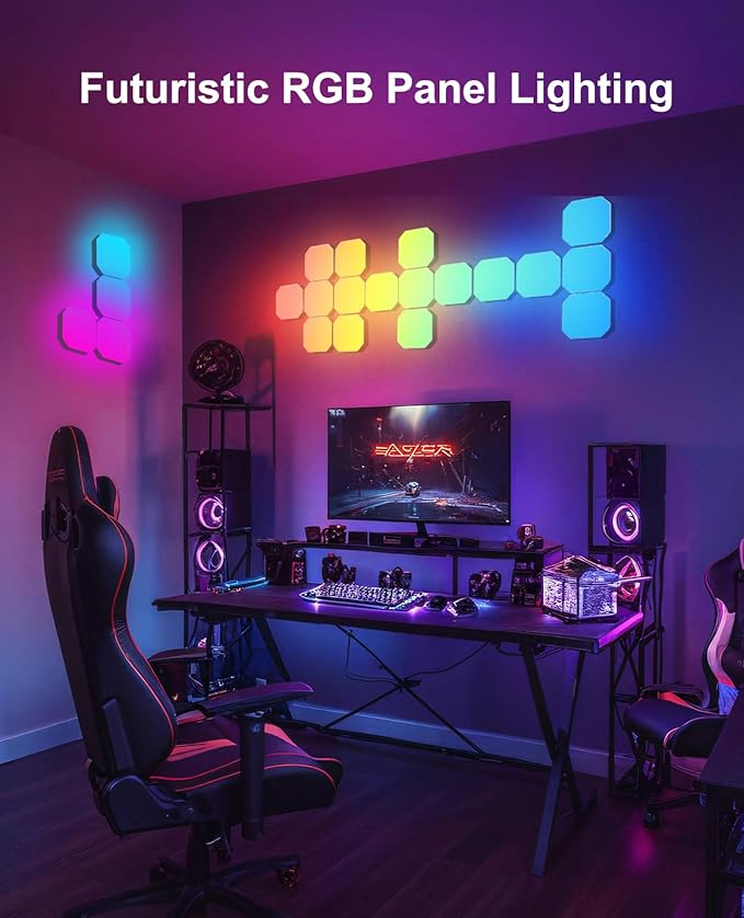 Hexagon LED Panel Lights 12PCS, Smart RGB IC Gaming Wall Lights DIY Panels Work with Alexa Google Assistant, Square Cube Sync with Music App Control for Gaming Setup Room Decor Bedroom TV Gamer Gifts