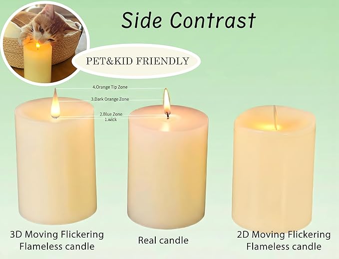 Flameless Pillar Candles Flickering with Remote Timer, Battery Operated LED Candles Up to 400 Hours, 3D Moving Flame Real Wax Candles. (White Melted Top)