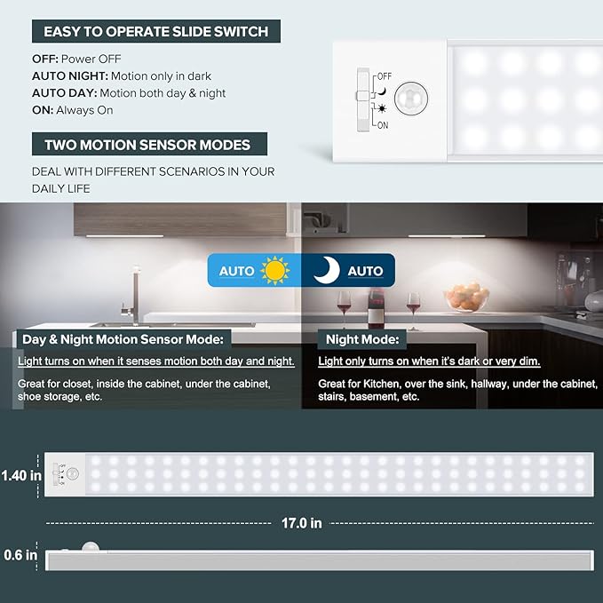 BLS 84 LED Closet Lights - Battery Powered, Super Bright Under Cabinet Lighting with Motion Sensor, Wireless, 3200mah Rechargeable Battery, 120 Days Run Time