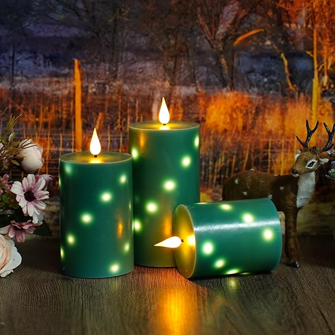 Flameless Candles with Embedded Star String, Real Wax Battery Operated Candles with Remote Timer, Flickering Pillar LED Candle Set for Home Decor Romantic Ambiance （Green）