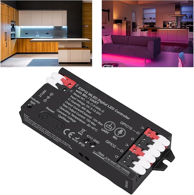 Eujgoov LED Strip Light Controller with Mic, Over 100 Lighting Effects Music Sync WiFi APP Control, for WS2812 SK6812 Addressable LED Strips