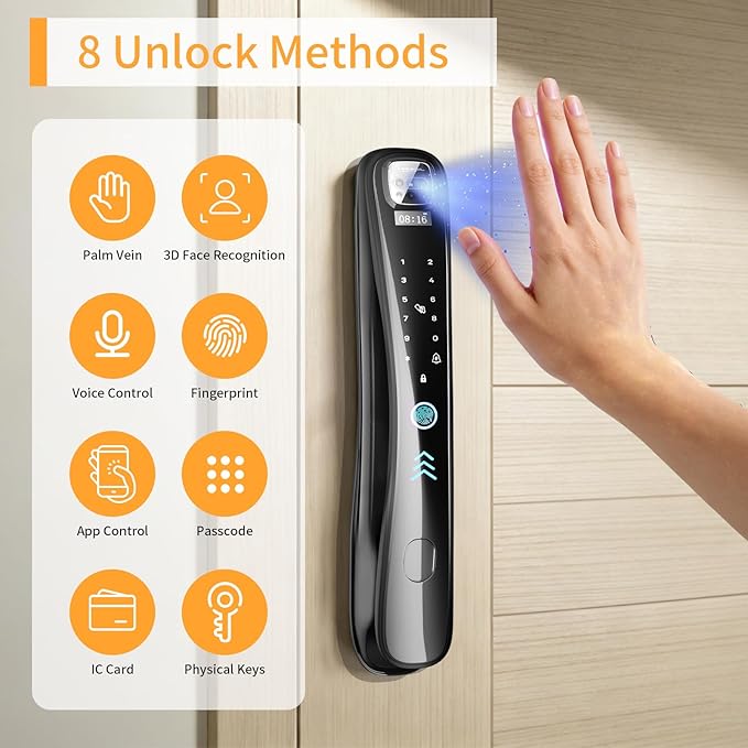 Smart Lock with Camera & Video Doorbell, 8-in-1 Keyless Entry Door Lock with Keypad, Smart Deadbolt for Front Door, Fingerprint Lock Built-in Wi-Fi, Voice Control & Remote Control, Two-Way Talk