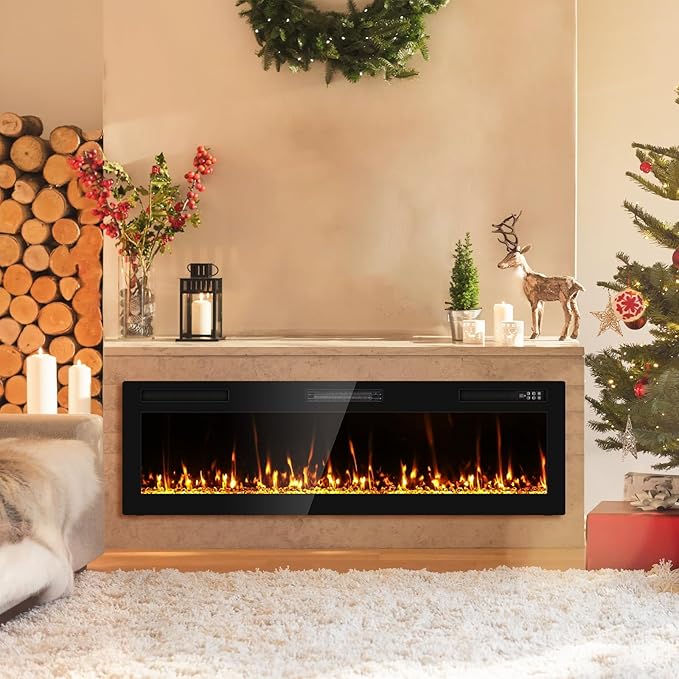 2025Upgraded 60” Recessed and Wall Mounted Electric Fireplace, The Thinnest Narrow Beleze Fire Places with Remote Control, Screen Control,Adjustable Flame Colors and Speed