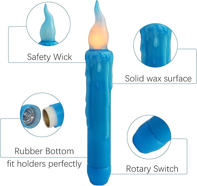 Magical Candlesticks Flameless Taper Candle, 4pcs Real Wax LED Tapered Candles Remote Dipped Candle 6inch Battery Chandelier for Enchanting Weddings and Harry Potter Inspired Vigils(Blue)