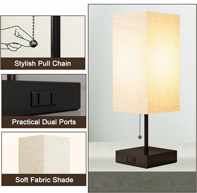 Table Lamp for Bedroom,Nightstand Lamp for Bedside with AC Outlets,Adjustable 3color LED Light Desk Lamp for Home Decor,Included Bulb and Lamp Shade (Linen White-onlyAC, 2PCS)