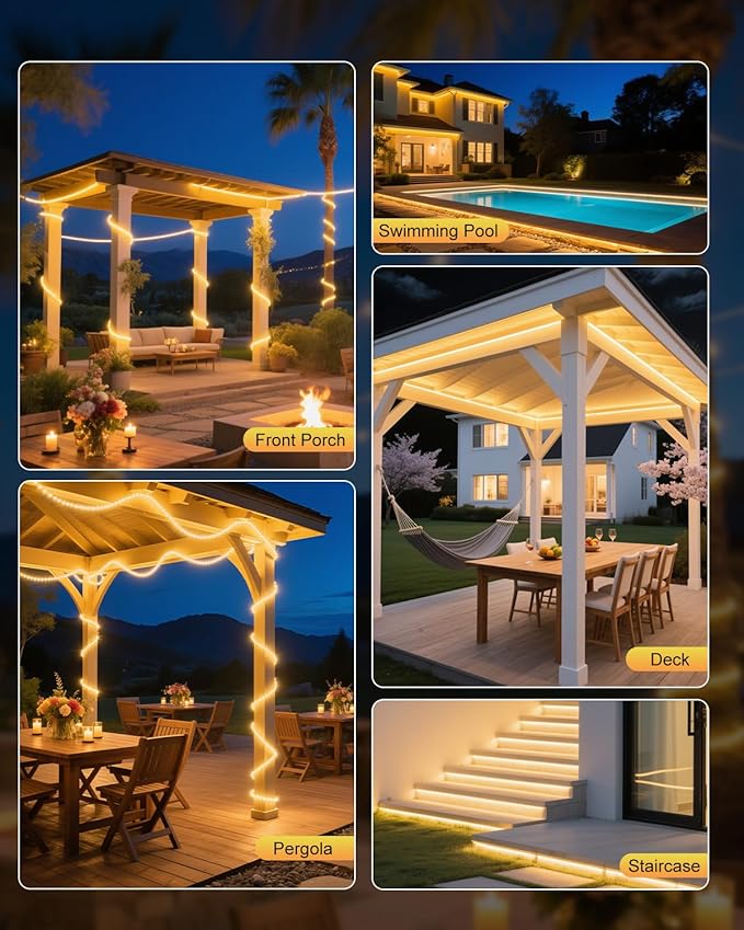 Aclorol Outdoor LED Strip Lights Waterproof 20FT Warm White 120V LED Light Strip with 3.28FT ON/Off Switch Power Cable SMD 2835 Ultra Bright for Bedroom Closet Hallway Roof Patio Pergola 8mm Width