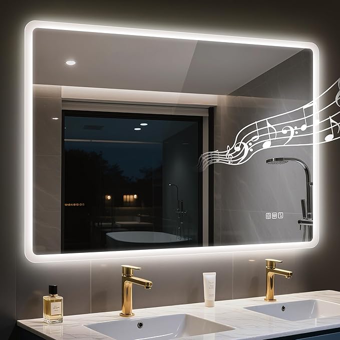 STARLEAD 48"x32" LED Bathroom Mirror with Bluetooth Speaker, 3 Color Temperature, Stepless Dimming, Anti-Fog, Touch Control, Wall-Mounted Vanity Mirror, Vertical or Horizontal