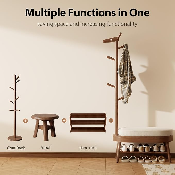 AQIMUELE Shoe Bench Entryway,Coat Rack with Shoe Storage, Coat Rack and Shoe Rack, Wooden Narrow Shoe Bench（Walnut）