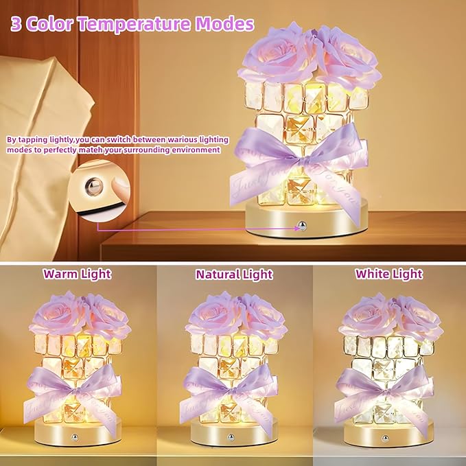 Rose Flower Lamp,Rechargeable Cordless Touch Table Lamp for Bedroom,3-Colour Dimming Flowers Night Light,Crystal Bedside Lamps with USB Charge,Birthday Valentine's Day Gifts for Women,Mom,Wife,Her