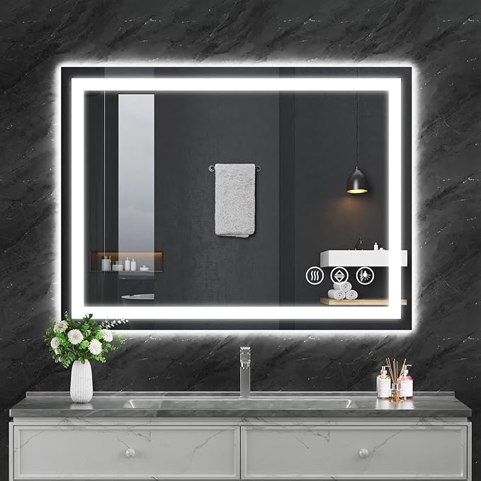 Koonmi 30x48 LED Bathroom Mirror, Backlit + Front Lit, LED Bathroom Mirror with Lights for Wall, 3 Colors, Anti-Fog, Dimmable Brightness, Memory Function, Tempered Glass