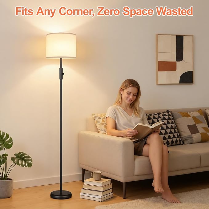 【Upgraded】 Dimmable Floor Lamp for Living Room,1000 Lumens Bulb Included, Modern Floor Lamps Simple Design with Linen Shade, Tall Standing Lamp for Bedroom Office Dining Room, Black Pole Lamp