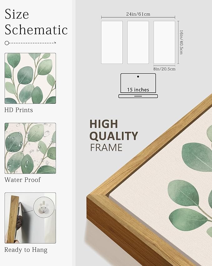 KUVIOKE Botanical Plant Wall Art Sage Eucalyptus Light Green Leaf Framed Wall Decor for Bedroom Living Room Bathroom Home Office Ready to Hang 8x10in3pcs Natural Framed