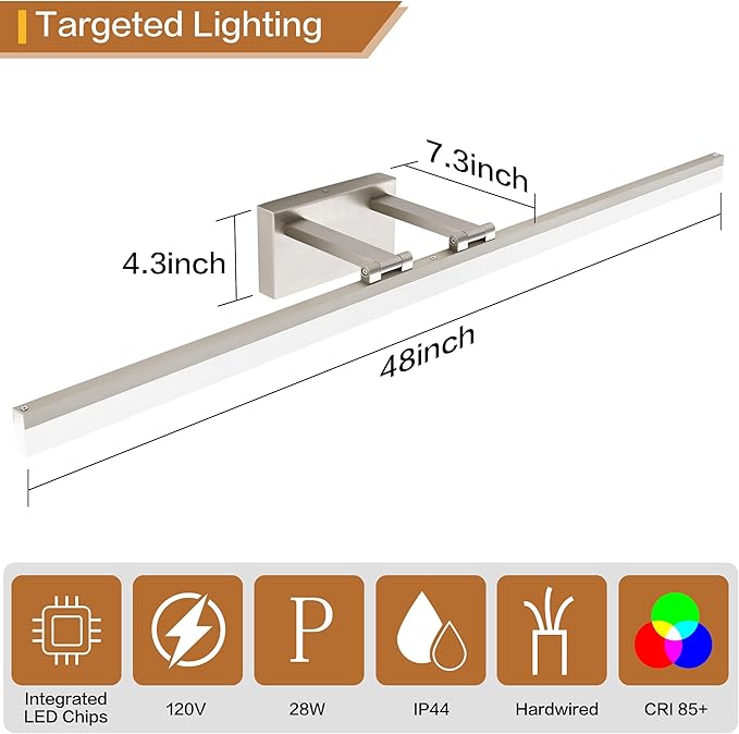 SOLFART Bathroom Light Fixtures: 48 Inch Vanity Light for Large Mirrors- Brushed Nickel 6000K LED Adjustable 180 Degree Bar, IP44 Damp Protection, ETL