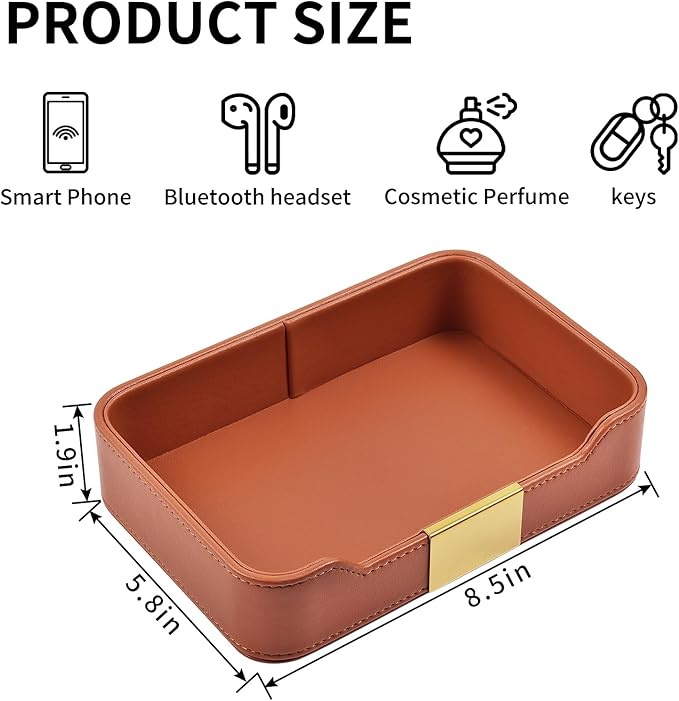Luxury Leather Valet Tray Desktop Storage Organizer,Bedside Vanity Catchall Tray Nightstand Caddy Holder for Cosmetic,Jewelry,Watch,Keys,Phone,Wallet,Remote Controller,Pen,Orange