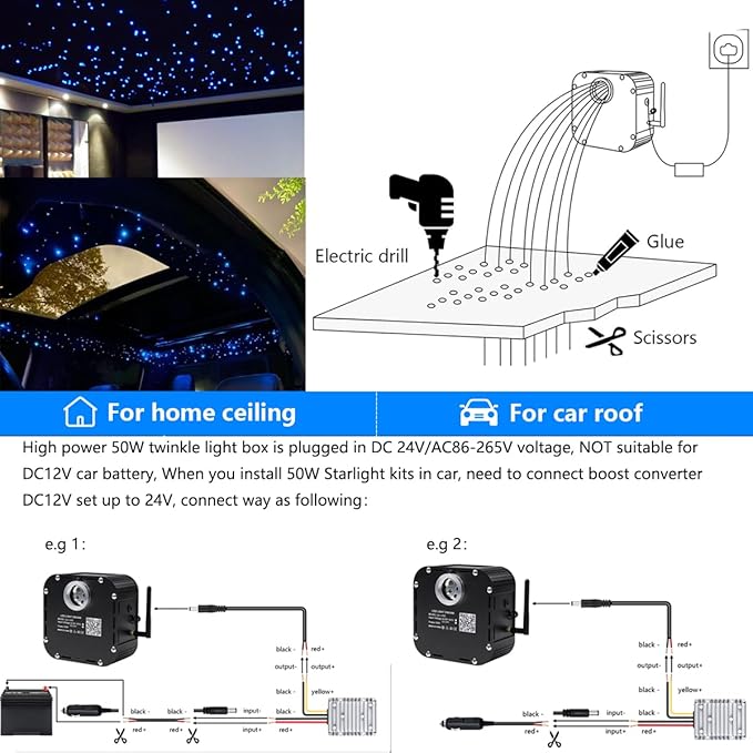 AZIMOM High Brightness 50W Twinkle Fiber Optic Starlight Kits for Theater Ceiling Headliner1000pcs 0.03in 16.5ft Fiber Strands Sound Activated Bluetooth/APP Remote Control Home Shop Lobby Roof Decor