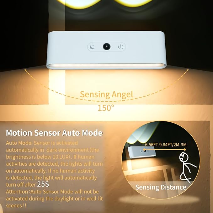 Motion Sensor Wall Light Indoor, Battery Operated Wall Sconces, 7.4-Inch Rechargeable LED Night Light for Bedroom, Living Loom Wall Decor for Home, Wireless Picture Lights, Bedside Book Reading Light