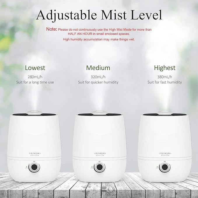 ASAKUKI Premium Cool Mist Humidifier, Large 4L Capacity Ultrasonic Diffuser Vaporizer, Whisper-Quiet Air Humidifier for Home,Office,Bedroom,Baby, Lasts Up to 20-60 Hours