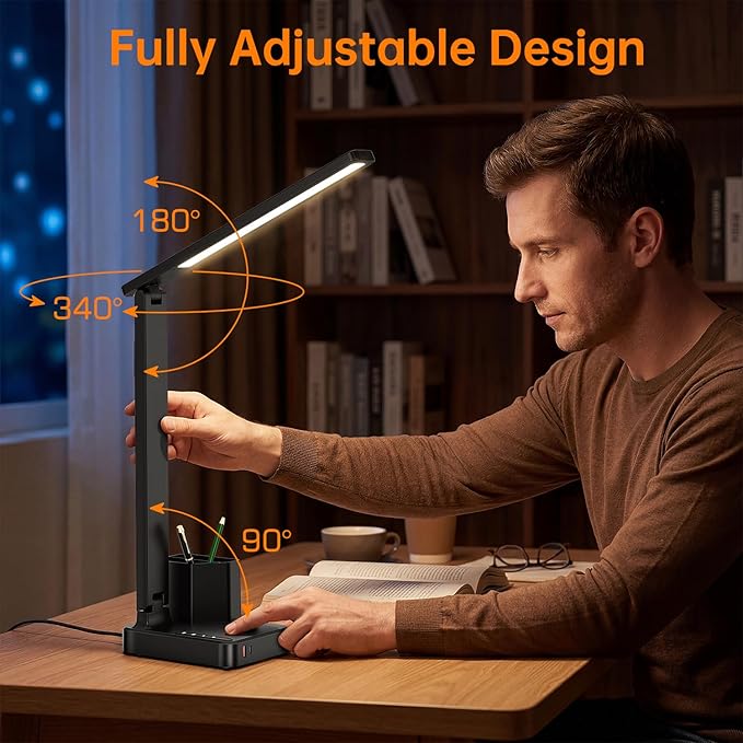 cozoo LED Desk Lamps for Home Office, Modern Dimmable Eye Caring Desk Light with USB Charging Ports AC Outlet, Pen Holder,Touch/Memory/Timer, Kids Small Table Lamp for Reading, Bedroom, Study, Craft