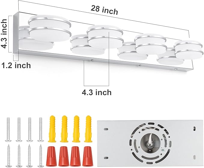 3 Color Temperature Dimmable Vanity Lights for Bathroom, LED Chrome 4 Light Vanity Lighting Fixtures, Acrylic Stainless Steel Oval Shade Bathroom Light Fixtures Over Mirror, ETL Certificated