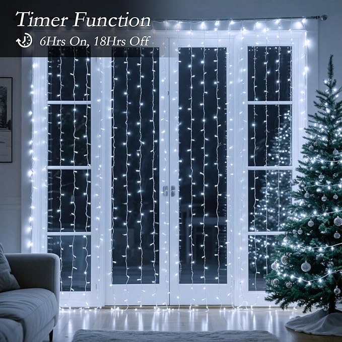 Curtain Lights with Hooks, 200 LED 9.8 x 6.6FT Window String Lights, Plug in Fairy Lights with Remote & Timer, 8 Modes Waterproof Hanging Backdrop Lights for Bedroom, Wedding, Christmas Decor