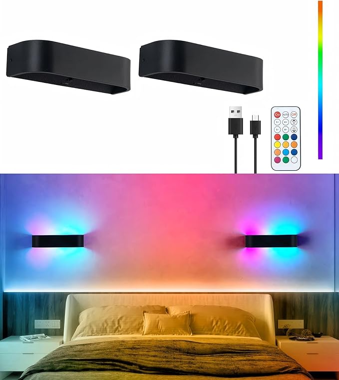 2Pcs RGB Wall Light with Remote Control, LED Indoor Wall Sconce, 6000mAh Rechargeable Battery Powered Wall Lamps, 12 Colors Wireless Wall Lamp for Bedroom Living Room Decor