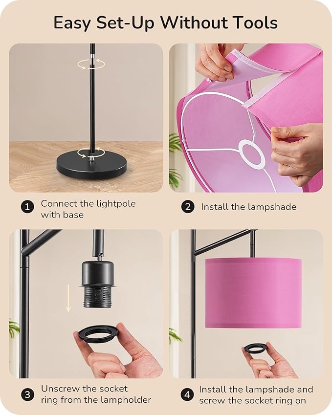 EDISHINE Modern Floor Lamps for Living Room, 64.7" Minimalist Standing Lamp with 3 Color Temperatures Bulb & Adjustable Linen Shade, Foot Pedal Switch, Arc Tall Lamp for Office Bedroom, Pink Shade