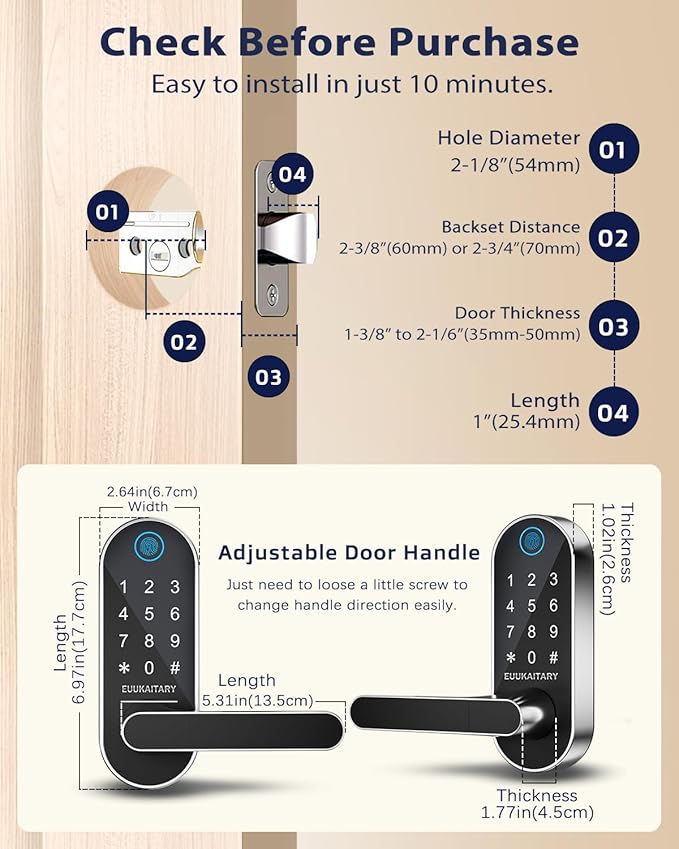 Keyless Entry Door Lock, Fingerprint Door Lock with Handle, Smart Locks for Front Door and Bedroom, WiFi Electronic Locks, App Remote Control, Digital Keypad with Knob, Auto-Lock