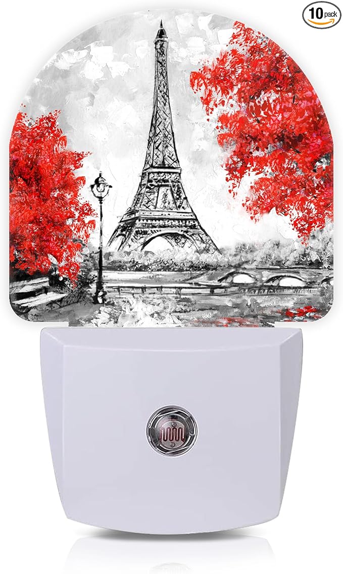 Eiffel Tower Paris Red Flower Night Lights Plug into Wall for Girls Boys Room,Night Light LED Lamp Dusk to Dawn Sensor Round Lamp for Bedroom Bathroom Hallway Home Wall Decor