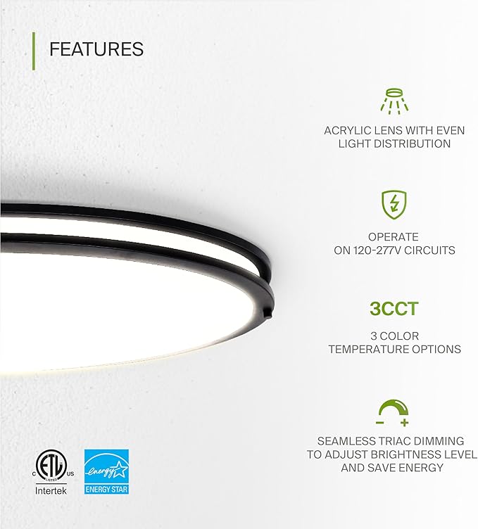 ASD LED 32" Oval Flush Mount Lighting, Close to Ceiling Light Fixture | 3CCT, Dimmable, Energy Star, ETL Listed | 45W 3750LM 3000-5000K 100-277V | Low Profile Double Ring Lamp | Black