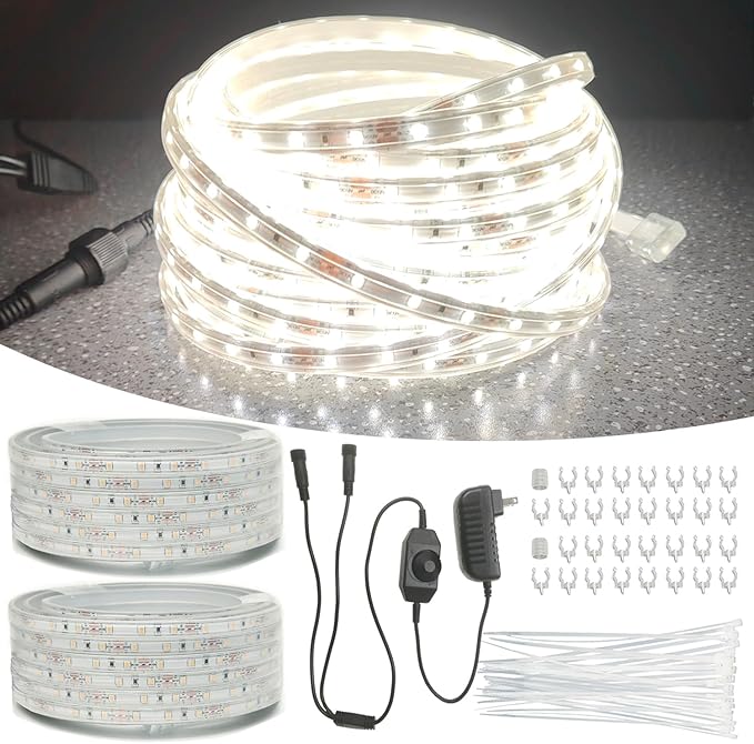 100FT(2 Rolls of 50FT) Flat Rope Lights, Outdoor LED Rope Lighting Waterproof(Not for Dimmer & Adapter), White Strip Light for Bedroom, Dimmable 12V Low Voltage