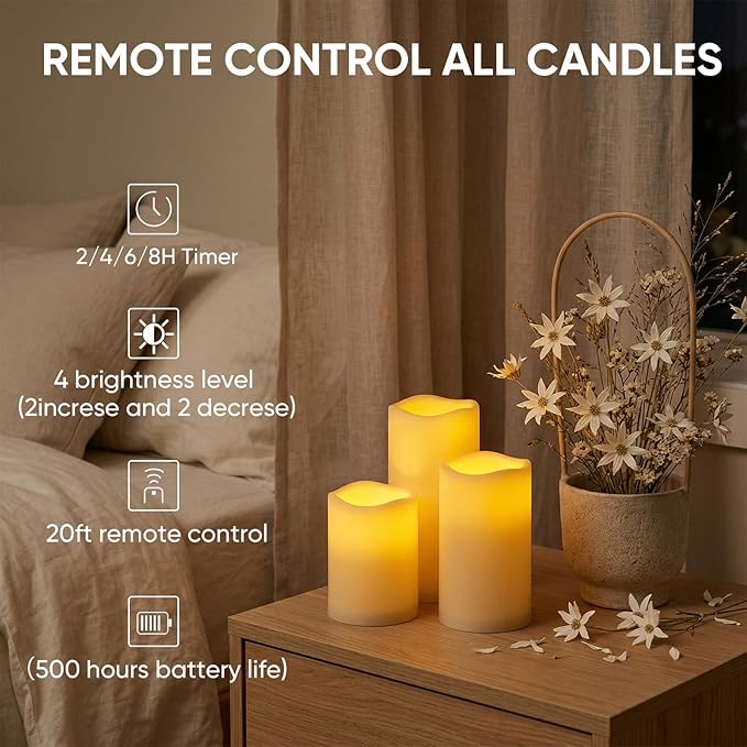5plots 3" X 4"5" 6" Outdoor Waterproof Candles, Battery Operated Led Ivory White Flameless Candles with 10-Key Remote & Timer for Indoor Home Lantern Holiday Decor, Set of 9