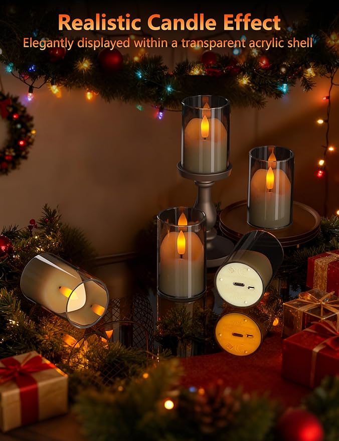 Rechargeable Operated Acrylic LED Tealight with Remote Control and Timer，Gary Flickering Flameless Candles for Home Decor, Valentines, Holidays (Set of 6