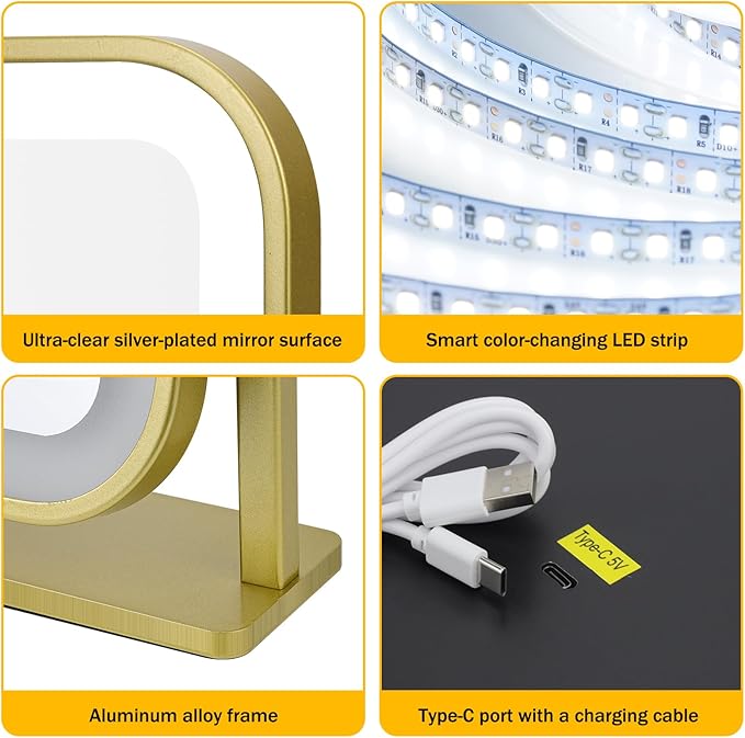 Vanity Mirror with Lights, 1500mAH, 10"×9" Makeup Mirror with Lights, Smart Touch with 3-Color Lighting, 360° Rotation, Portable LED Desk Mirror, Bedroom (Gold)