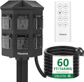 Outdoor Power Stake Timer, Remote Control Dusk to Dawn Light Timer, 60FT Extension Cord Waterproof, 6 Grounded Outlets for Graden and Yard Decorations, ETL Listed