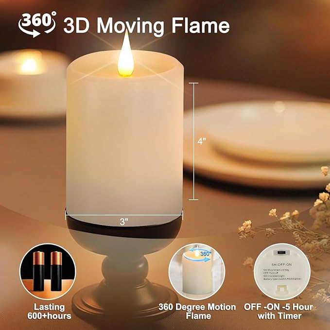 Flickering Flameless Candles with 3D Moving Flame, Real Wax Battery Operated Candles with Timer and Remote, Last 600+ Hours, 3" x 4" LED Fake Candles for Home Wedding Christmas Decor, 2 Pack