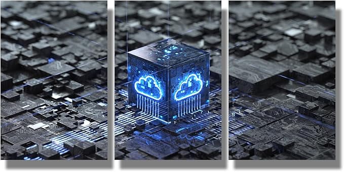LSIUHWUWI Bedroom Wall Decor 3 Panel Cloud Computing Vetwork Security Concept Artwork Print on Canvas for Living Room Bedrooms Wall Decorations, Wooden Framed Ready to Hang 12x16inchx3