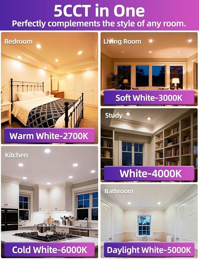 Retrofit LED Recessed Lighting 5/6 Inch, Color Changing, 13W Remote Control, Color Temperature Tunable 2700K-6000K, ETL (6 Pack)
