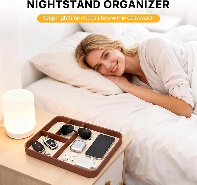 Leather Valet Tray, Stylish and Organized Multifunctional Tray, Nightstand & Desk Organizer, EDC Catchall for Keys Watch Jewelry Bedside Table Organizer
